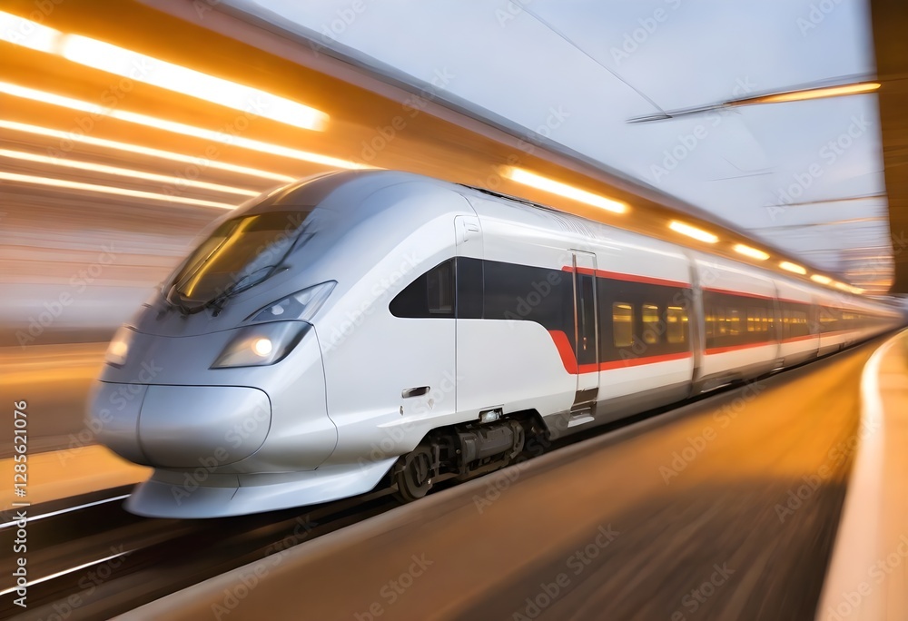 Naklejka premium A high-speed train traveling at a fast speed on a railway track, with blurred motion in the background