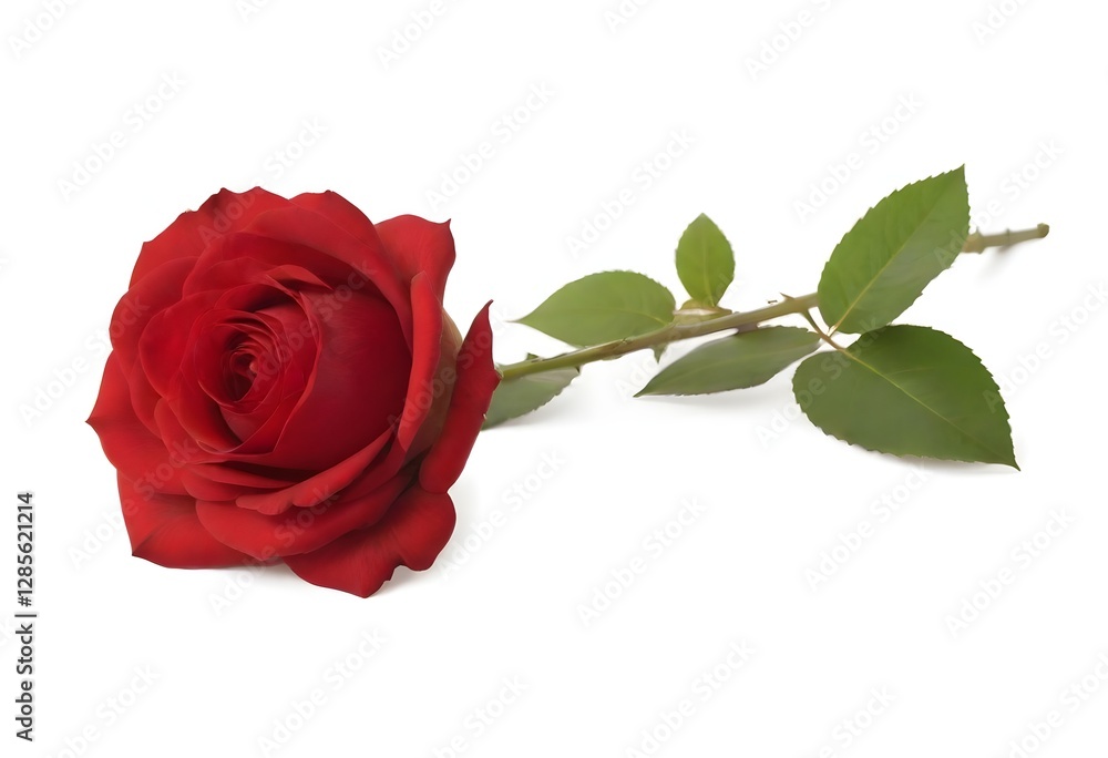 A large, vibrant red rose with green leaves on a stem A large, vibrant red rose with green leaves on a stem
