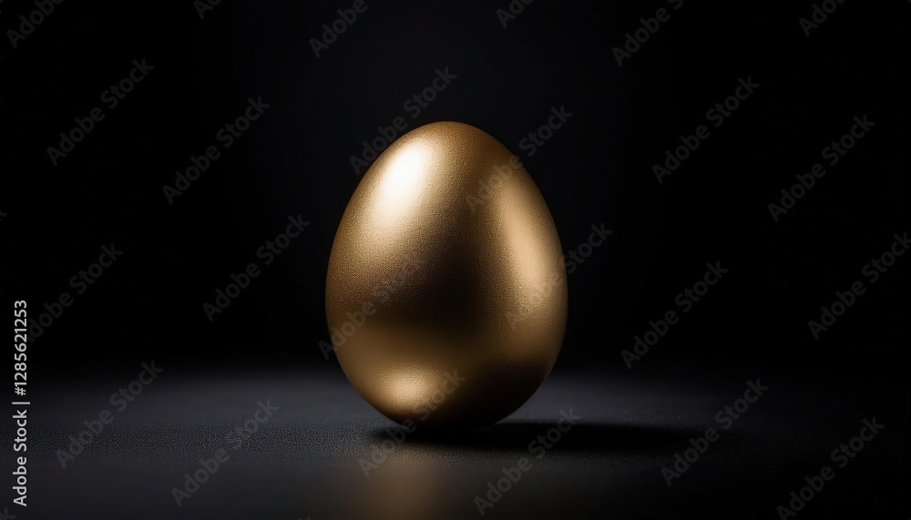 A single, smooth golden Easter egg placed at the center of a deep matte black background. The elegant contrast highlights the egg’s reflective surface, symbolizing luxury and celebration. A single, smooth golden Easter egg placed at the center of a deep matte black background. The elegant contrast highlights the egg’s reflective surface, symbolizing luxury and celebration.