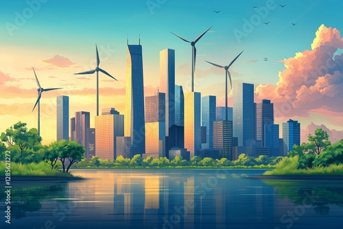 Majestic modern city skyline with wind turbines at sunset reflecting on tranquil water, surrounded by lush greenery and vibrant clouds