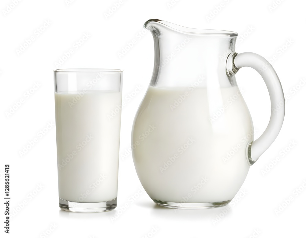 A glass pitcher and glass filled with fresh milk A glass pitcher and glass filled with fresh milk