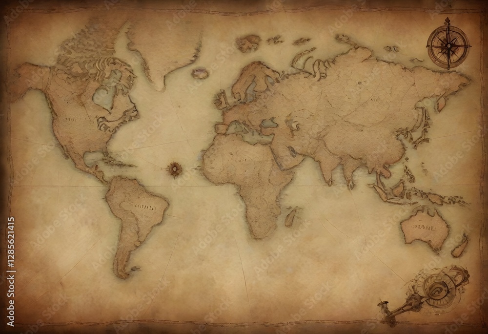 Obraz premium An old, weathered map with faded details and compass roses, suggesting an antique style