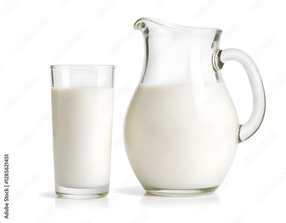 A glass pitcher and glass filled with fresh milk A glass pitcher and glass filled with fresh milk