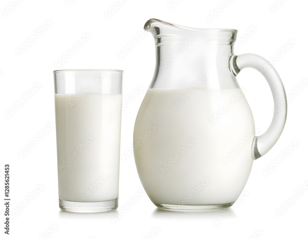 A glass pitcher and glass filled with fresh milk A glass pitcher and glass filled with fresh milk
