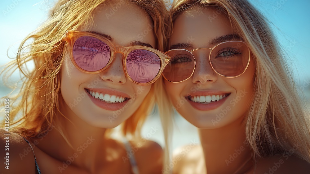 Happy young women enjoy summer vibes and friendship, experiencing the excitement of summer sale shopping together Happy young women enjoy summer vibes and friendship, experiencing the excitement of summer sale shopping together
