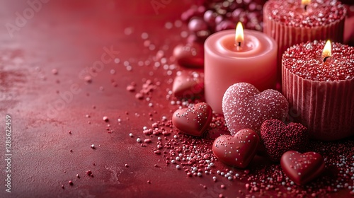 Heart shaped candies, candles, and sprinkles adorn gift boxes on a vibrant red background for Valentine's Day.