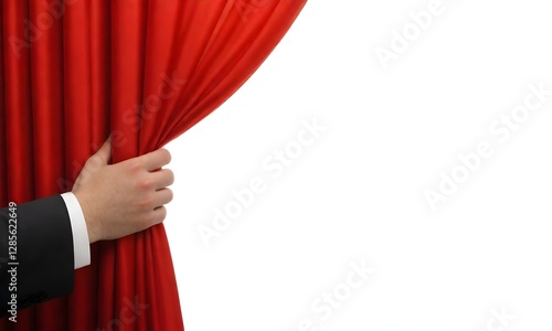 A hand pulling open a red curtain, revealing a white background