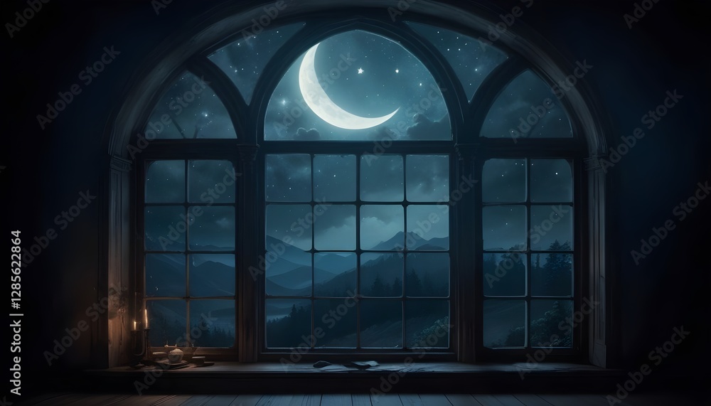 Fototapeta premium A large arched window overlooking a night sky with a crescent moon and stars, the window frame dark and ornate, creating a dramatic contrast with the serene, moonlit landscape outside