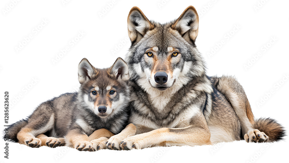 Fototapeta premium Majestic Wolf Mother and Pup - Isolated on Transparent Background