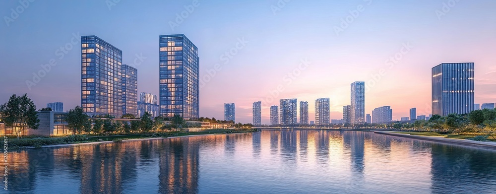 Obraz premium Modern skyline reflecting in tranquil water.