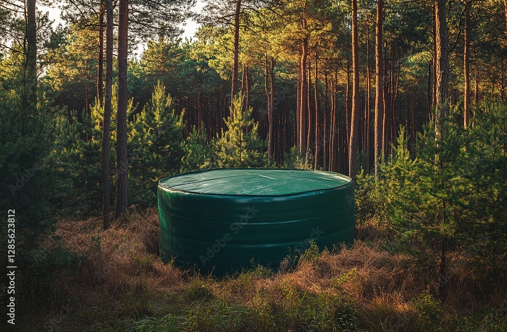 Green Water Tank Sits in Forest Setting at Sunset, Providing a Sustainable Solution for Rural Areas Green Water Tank Sits in Forest Setting at Sunset, Providing a Sustainable Solution for Rural Areas