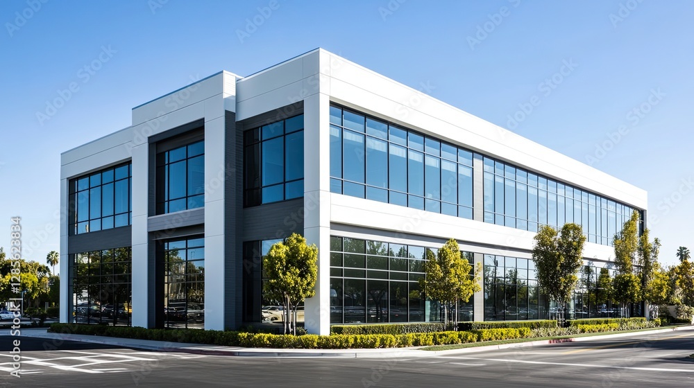 Modern office building in San Gabriel, California, showcasing a sleek white and gray exterior, adorned with large windows for abundant natural light, surrounded by meticulously manicured trees and shr Modern office building in San Gabriel, California, showcasing a sleek white and gray exterior, adorned with large windows for abundant natural light, surrounded by meticulously manicured trees and shr