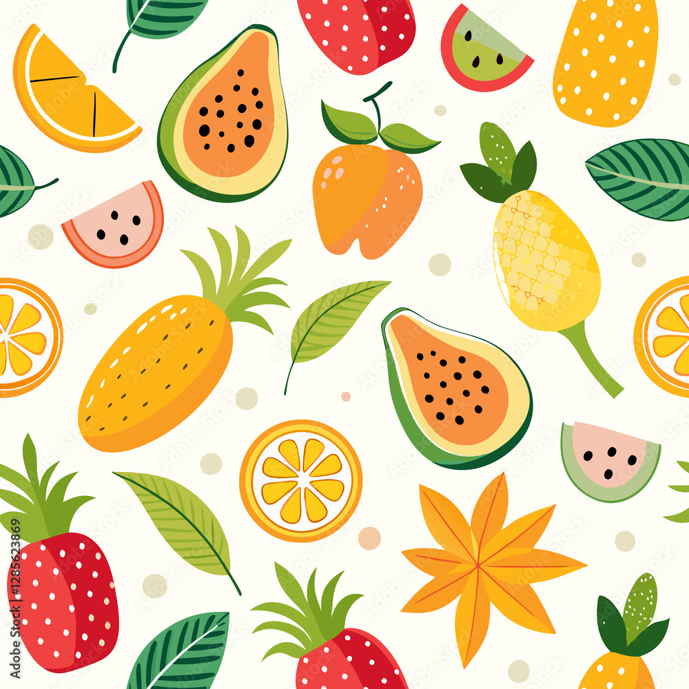 Colorful seamless pattern of various tropical fruits and leaves. Colorful seamless pattern of various tropical fruits and leaves.