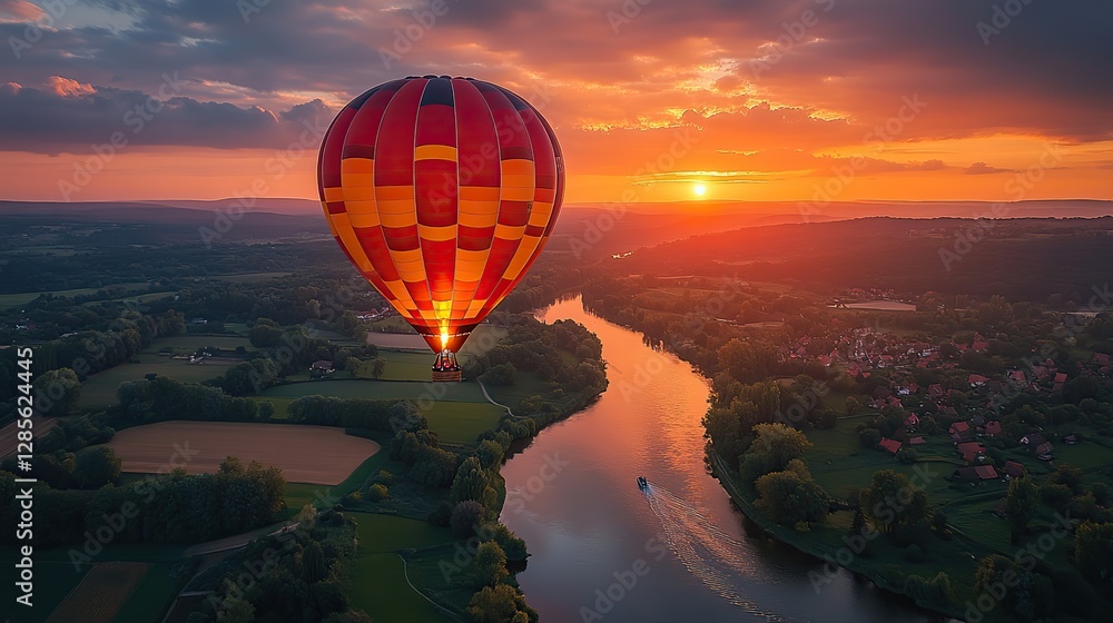 Obraz premium Hot air balloons soar over a rural landscape at sunset.