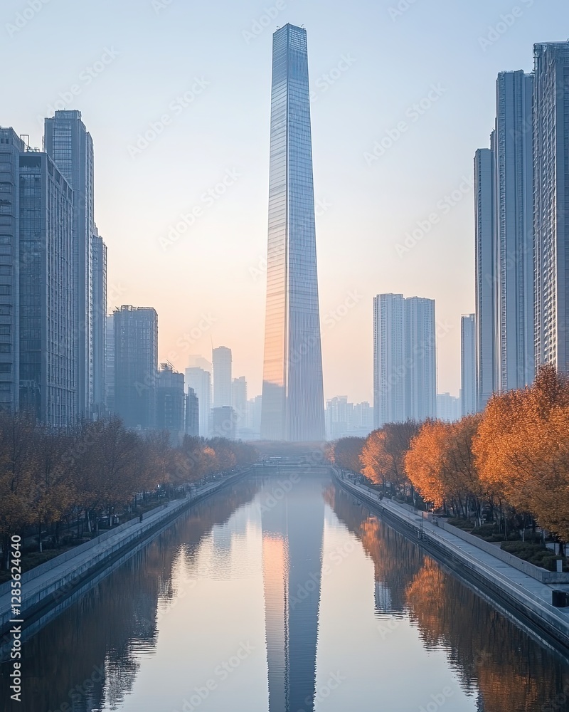 Fototapeta premium Modern skyscraper reflecting in calm water.