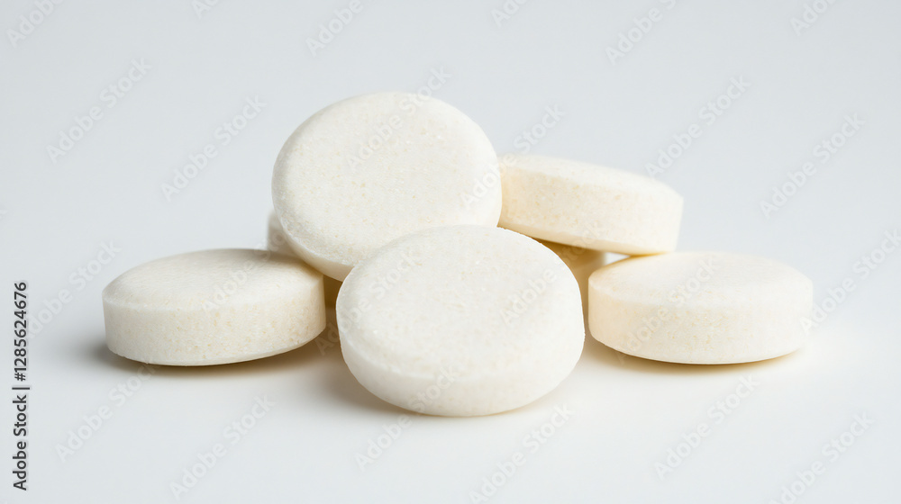A pile of tablets isolated on a white background. Close up. A pile of tablets isolated on a white background. Close up.