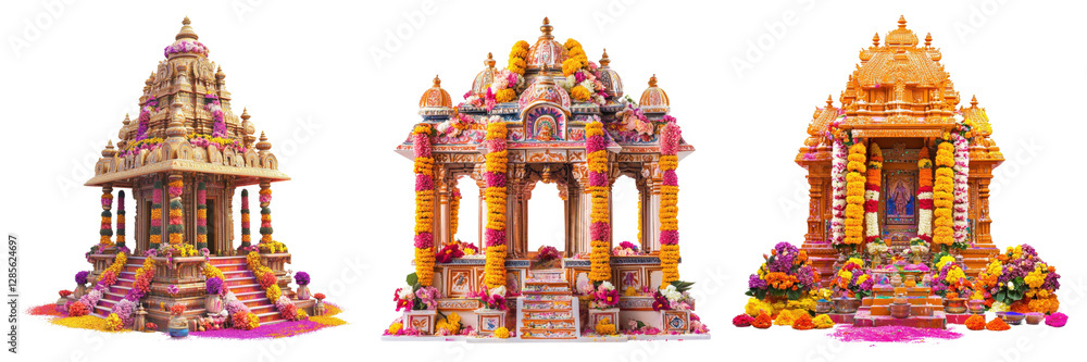 Fototapeta premium A Set of Dynamic Temple Decor Highlighting Holi Festival Spirit with Rich Cultural Festivity Isolated on transparent Background