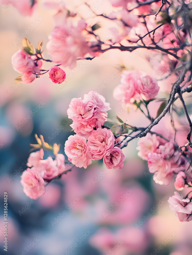 Closeup of Vibrant Pink Cherry Blossom Flowers in Full Bloom on Tree Branch : Generative AI Closeup of Vibrant Pink Cherry Blossom Flowers in Full Bloom on Tree Branch : Generative AI