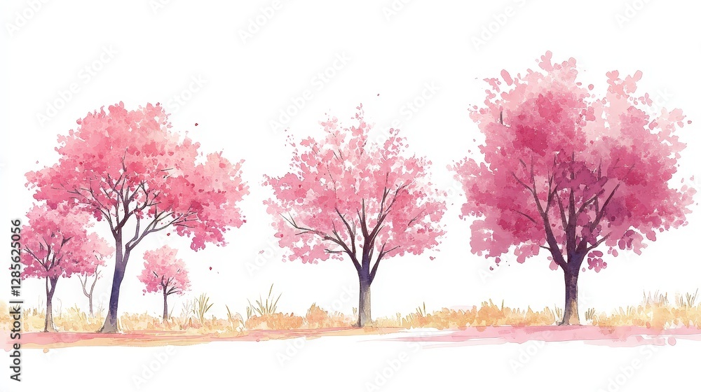 A watercolor illustration of pink trees in a serene landscape. A watercolor illustration of pink trees in a serene landscape.