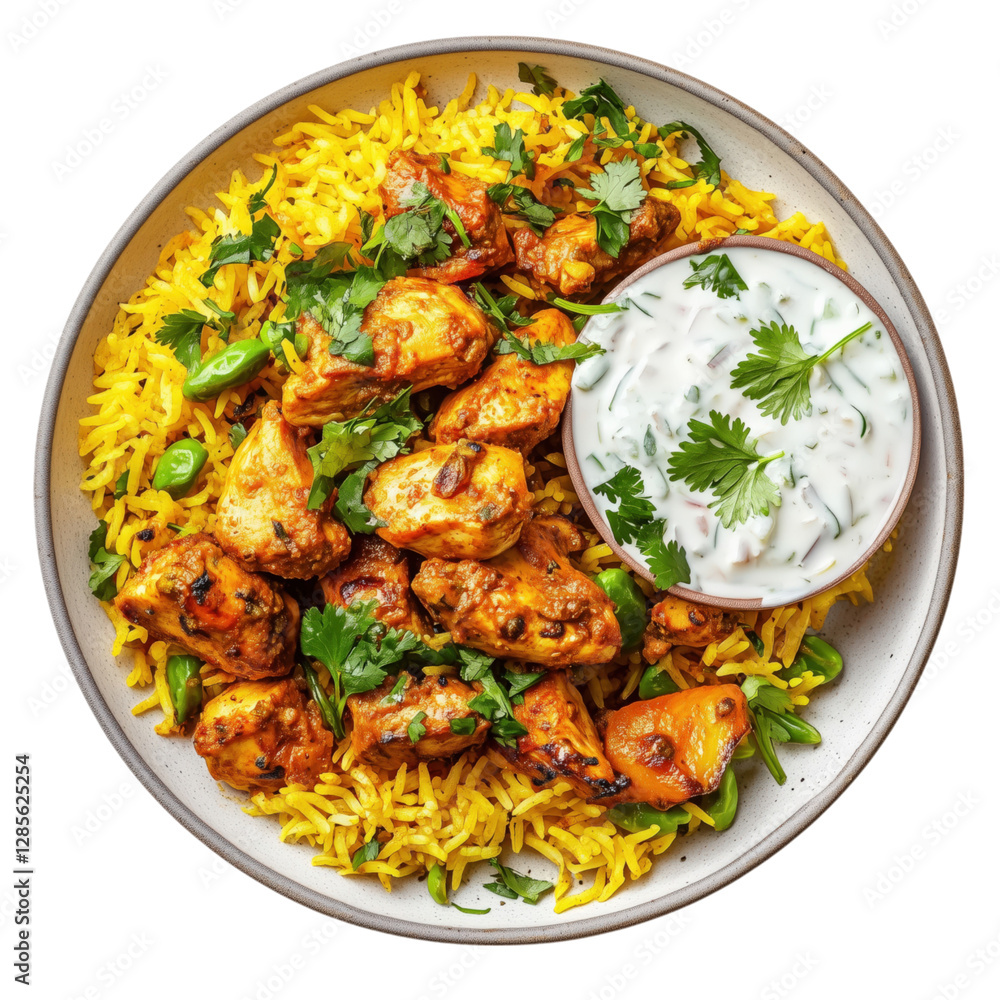 Fototapeta premium Aromatic and flavorful paneer biryani, made with basmati rice, spiced cottage cheese, and fragrant herbs. A delicious vegetarian meal option.