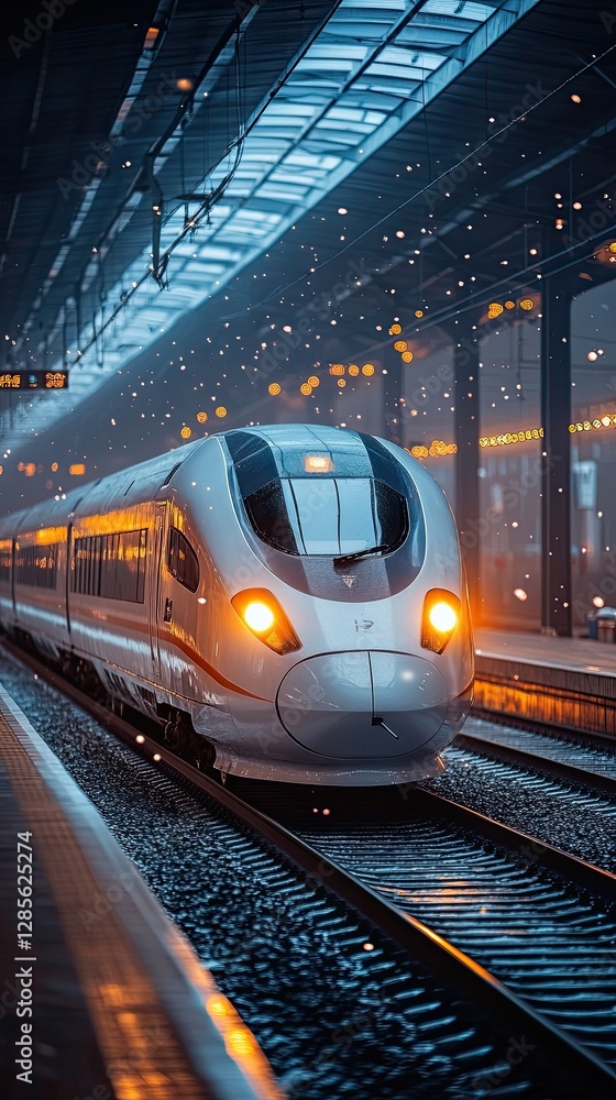 Fototapeta premium Modern train arriving at a snowy station.
