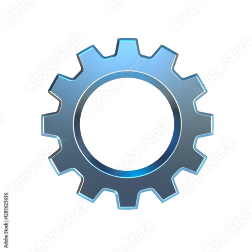 3D gear icon, metallic silver and blue, Isolated on a transparent PNG background
