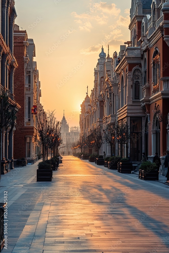 Fototapeta premium Scenic street view at sunset with architecture