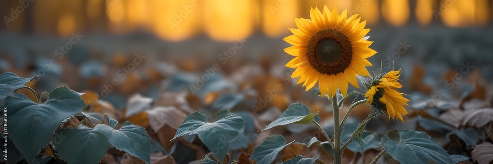 Naklejka premium A vibrant yellow sunflower against a blurred, warm-toned background with fallen leaves