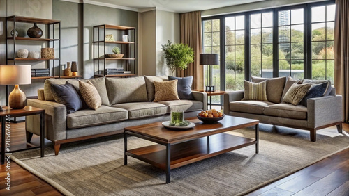 Modern Gray Sofa and Coffee Table Set in a Sunny Living Room