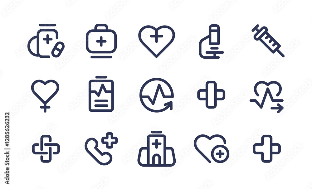 Medical and Healthcare linear icon. Duotone color. Containing medicine, hospital, treatment, healthcare, pills, clinic, heart, cardio. Pharmacy lab isolated icons set. Medical and Healthcare linear icon. Duotone color. Containing medicine, hospital, treatment, healthcare, pills, clinic, heart, cardio. Pharmacy lab isolated icons set.
