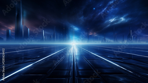 Glowing road into virtual reality or cyberspace, abstract minimal dark background. Future cyber metro railway on black. Abstract high technology lines connect, future High-tech Space.