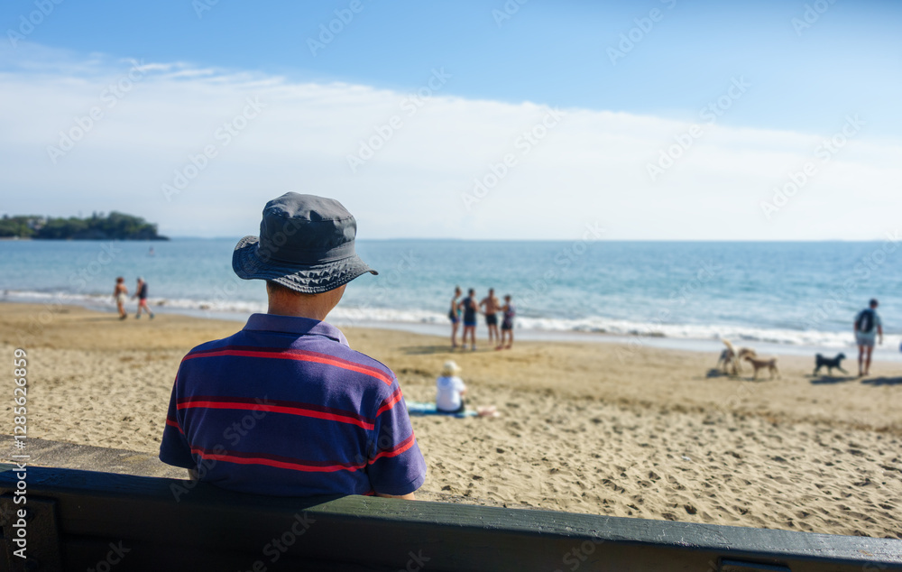 Man sitting on the bench in summer. Unrecognizable people and dogs walking on Milford Beach. Auckland.
