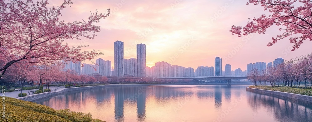 Obraz premium Serene sunset over a cityscape and blooming trees.