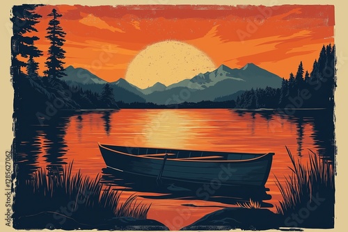 Fototapeta Naklejka Na Ścianę i Meble -  Serene mountain lake landscape with a solitary boat and vibrant sunset reflecting on calm water, surrounded by pine forests