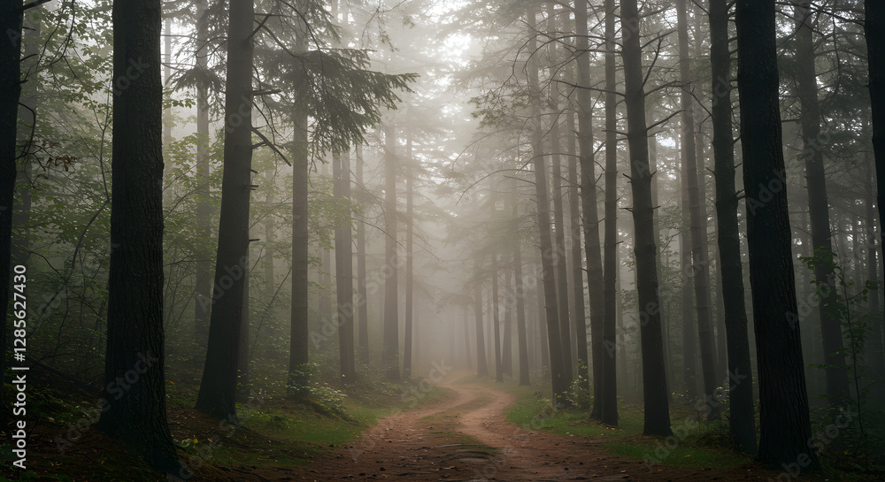 Obraz premium Misty Forest Path: A Serene Walk Through Tall Trees on a Foggy Morning