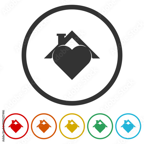 Heart house icon. Set icons in color circle buttons