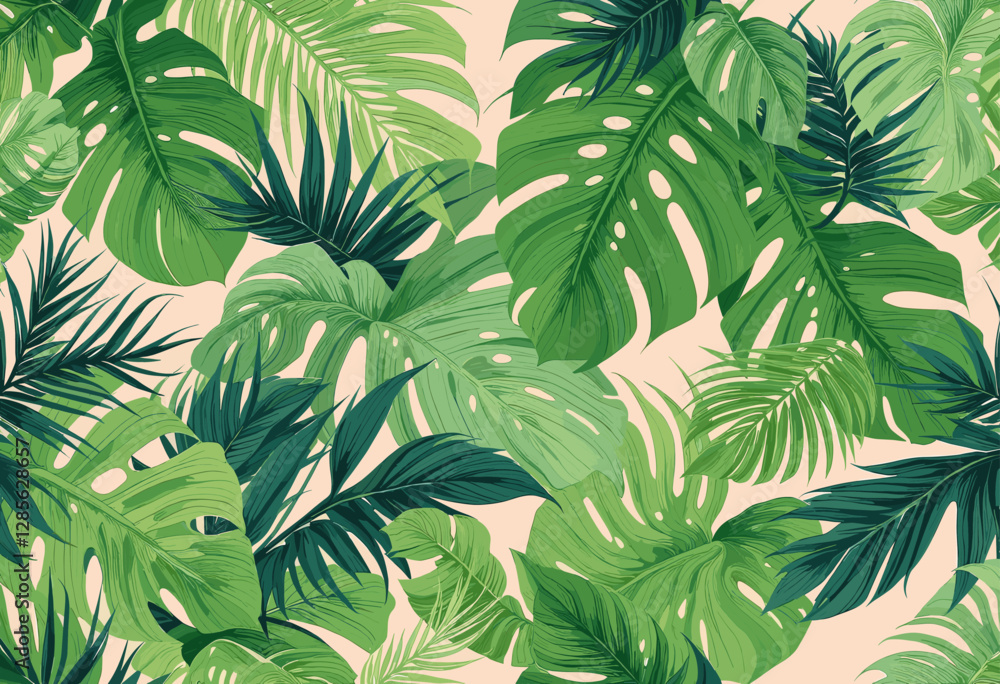 various tropical leaves, predominantly palm leaves, arranged in a repeating design. various tropical leaves, predominantly palm leaves, arranged in a repeating design.
