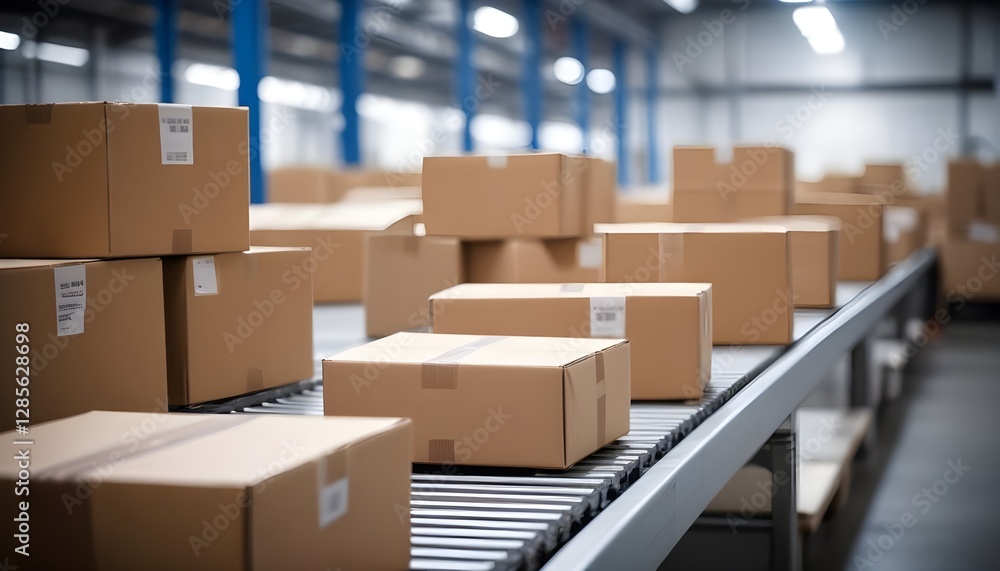 Cardboard boxes on a conveyor belt in a warehouse, with blurred background lights Cardboard boxes on a conveyor belt in a warehouse, with blurred background lights