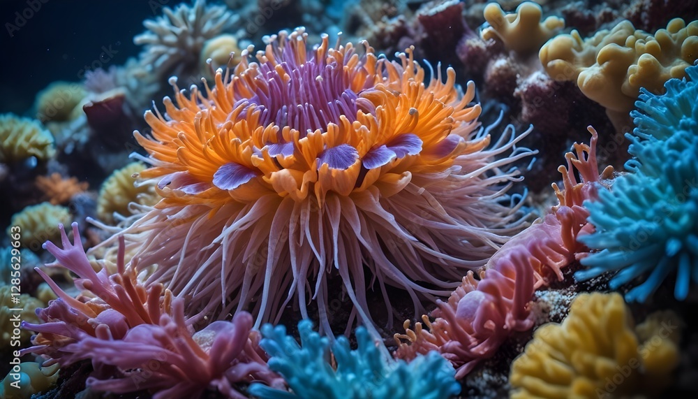 Colorful macro shot of a sea anemone with its tentacles extended, surrounded by other marine life Colorful macro shot of a sea anemone with its tentacles extended, surrounded by other marine life