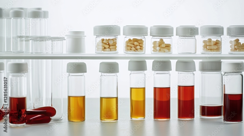 Lipid research shown with a set of lipid-filled glass containers arranged on a sterile lab table. Featuring order and clarity Lipid research shown with a set of lipid-filled glass containers arranged on a sterile lab table. Featuring order and clarity