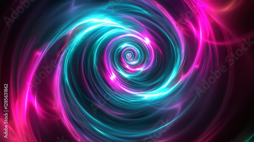 Futuristic tunnel of light with merging neon beams in pink, teal, and violet, creating a fusion vortex effect