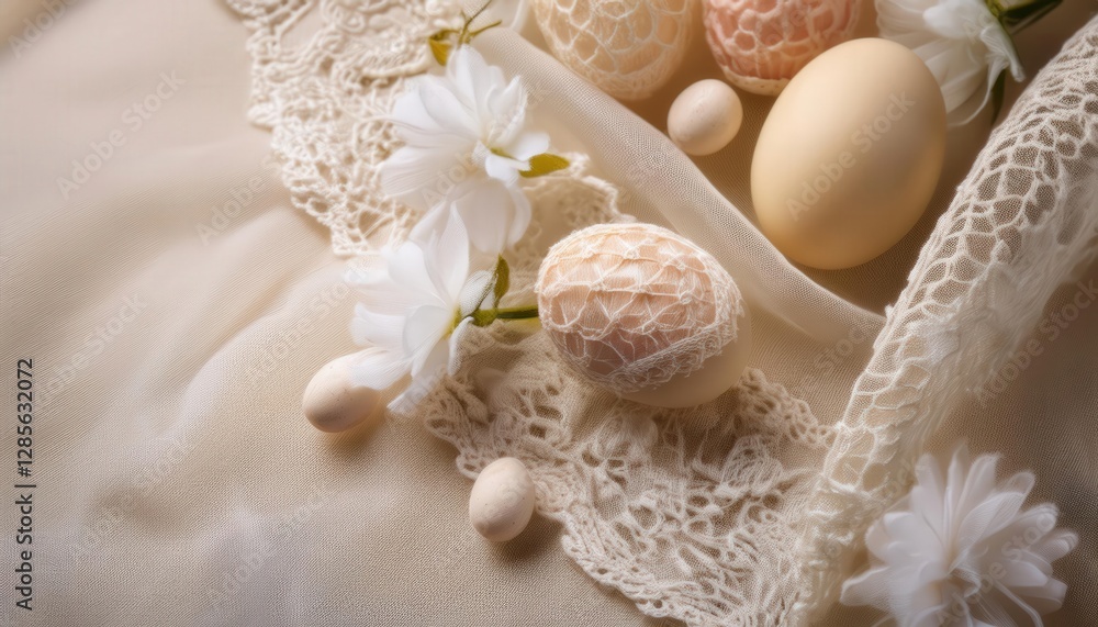 A soft lace fabric texture in a creamy off-white tone, subtly featuring delicate Easter egg and floral patterns. The intricate details create a gentle, vintage-inspired holiday aesthetic. A soft lace fabric texture in a creamy off-white tone, subtly featuring delicate Easter egg and floral patterns. The intricate details create a gentle, vintage-inspired holiday aesthetic.
