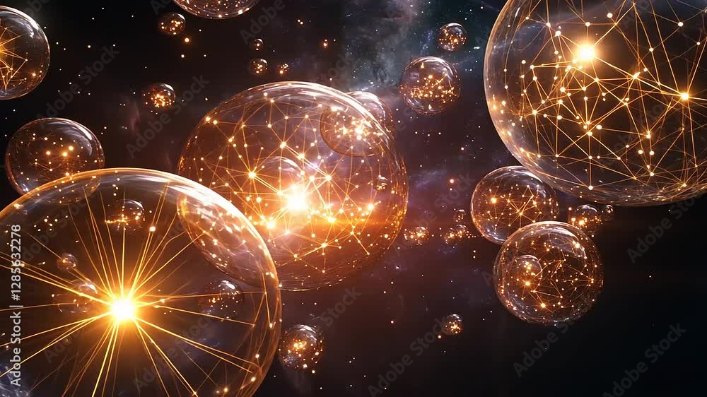 Abstract representation of glowing spheres in a cosmic setting, surrounded by stars and nebulae Abstract representation of glowing spheres in a cosmic setting, surrounded by stars and nebulae