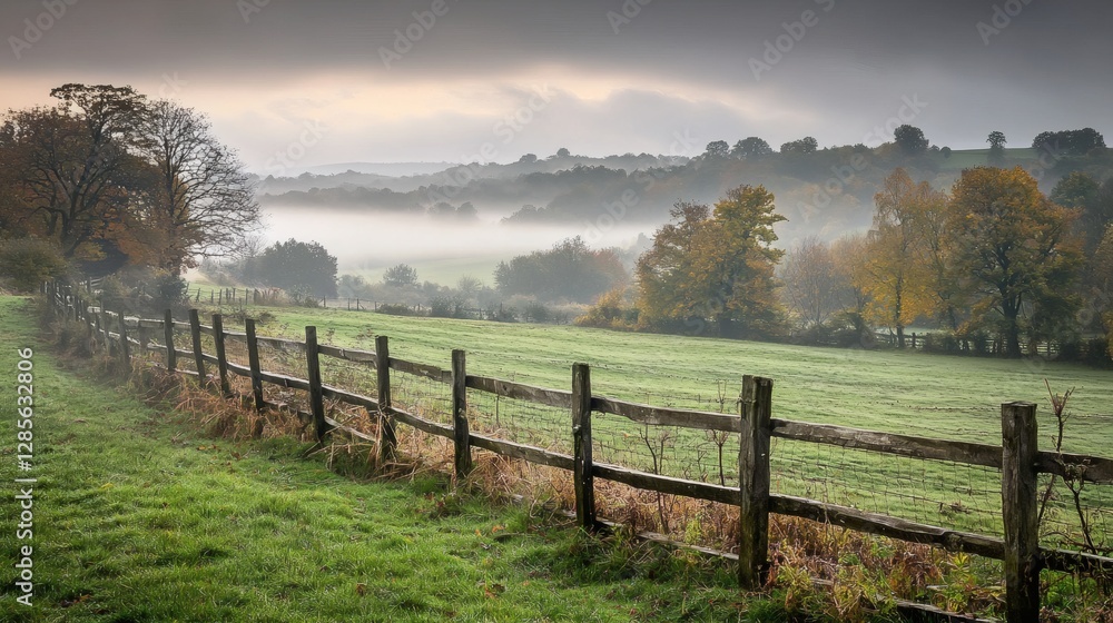 Fototapeta premium Misty Autumn Landscape with Wooden Fence and Rolling Hills