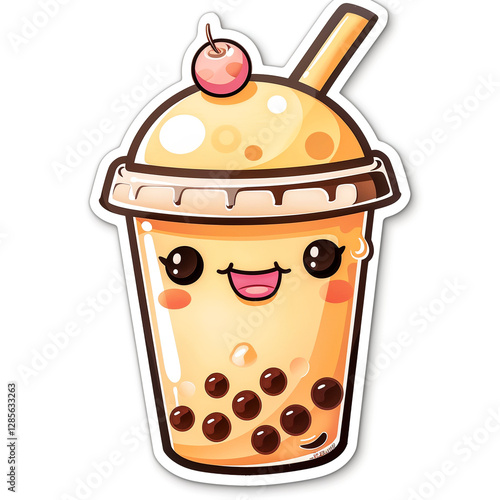 Delightful tapioca tea with cherry. A cute, kawaii-style beverage illustration that radiates joy and refreshment, perfect for stickers or cheerful designs.
