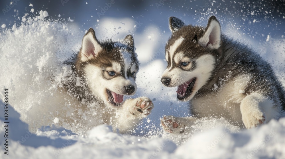 Two playful husky puppies frolic joyfully in the snowy landscape. Their excitement adds a spark to the winter scenery. Cute animals capture the essence of joy. Generative AI Two playful husky puppies frolic joyfully in the snowy landscape. Their excitement adds a spark to the winter scenery. Cute animals capture the essence of joy. Generative AI