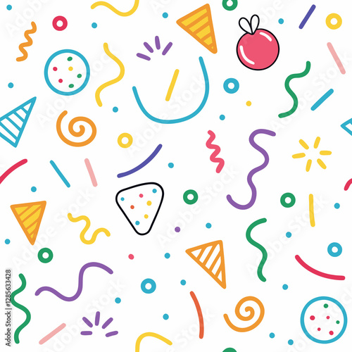 Colorful abstract seamless pattern with geometric shapes and confetti.