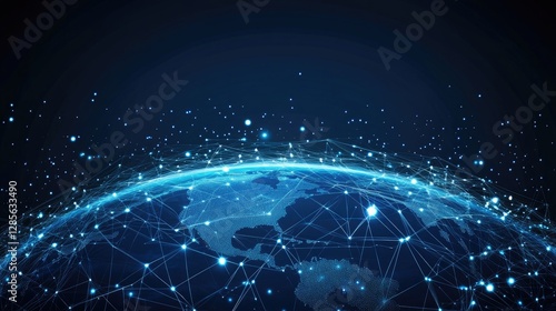 Fototapeta Naklejka Na Ścianę i Meble -  Abstract digital blue background with glowing network connections and the planet Earth. Digital technology, global connectivity concept. Data transfer or internet communication design element. Abstrac