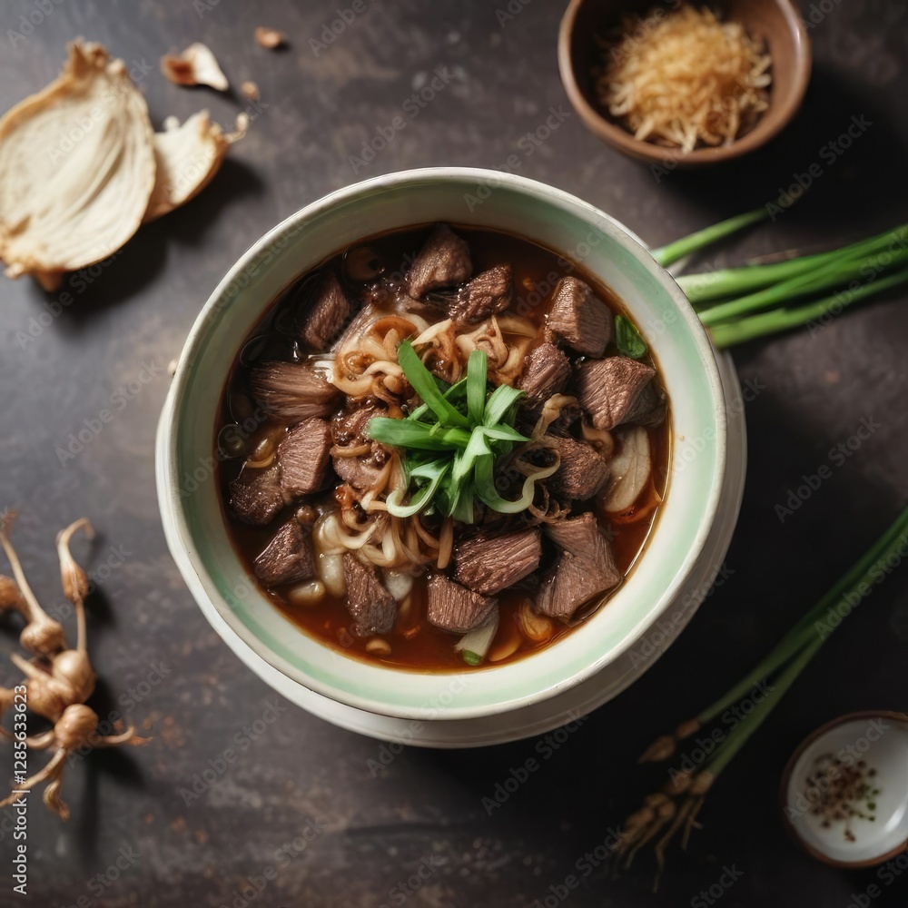 Crisp green onions and fried shallots garnish for rawon beef soup served in a small ceramic bowl, rawon, garnish, Crisp green onions and fried shallots garnish for rawon beef soup served in a small ceramic bowl, rawon, garnish,