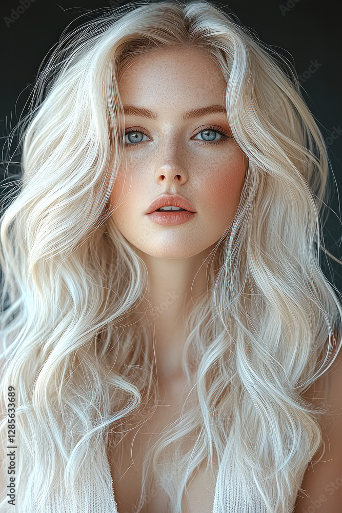 Fototapeta premium Portrait of woman with long wavy blonde hair and blue eyes, showcasing natural beauty and elegance
